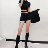 Gothic Sexy Pleated Mini Skirts Women Punk Grunge Black Patchwork Leg Ring Mall Goth Skirt Shorts Summer