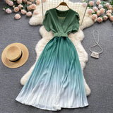 Pleated Gentle Women Summer Dress 2022 Sashes V Neck Temperament Elegant Vacation Ladies Solid Chic A Line