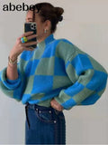 Women 2022 Fashion Plaid Pattern Oversized Turtleneck Sweater Lantern Long Sleeve Female Pullovers Chic Tops
