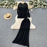 Wind High-End Sleek Crochet Knitting Set Of Women's Round Collar Long Sleeve Blouse High-Waisted Hip