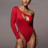 Out Bodysuits 2021 Spring Long Sleeve Solid One-Shoulder Patchwork Skinny Women Fashion Sexy Streetwear