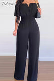 Jumpsuit Off Shoulder Shirred Waist Jumpsuits Summer 2023 Women Wide Leg Pants Playsuits High Waist Overalls