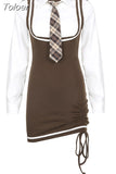Korean Fashion Casual Elegant Patchwork Knitting Kawaii Dress with Tie 2 Piece Set Preppy Style Tight Slim Sexy
