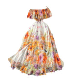 Holiday Style Shoulder Lotus Leaf Side To Receive Waist Temperament Long Swing Print Chiffon