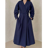 Women Beige Pleated Long Big Size Elegant Dress New Lapel Long Sleeve Loose Fit Fashion Tide Spring Autumn 2023