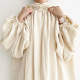 Stand Loose Plus Size Solid White Lantern Sleeve Hemp Cotton Cardigan Woman