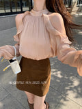 Xixi 2025 Autumn White Standard Korean Version Of The Temperament Lotus Leaf Side Chiffon Long-Sleeved Shirt Women Top Women