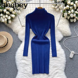 Sheath Women Dress Fashion Turtleneck Long Sleeve A Line Bodycon Dress Female Solid Streetwear Knitted