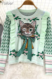 Harajuku Diamonds Beaded Cat Bow Embroidery Sweater Women's Ruffles Flower Jacquard Cartoon Pullover Jumper Crop