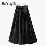Autumn Winter Skirt Women With Belt Long Metallic Silver Maxi Pleated Skirt Midi High Waist Fashion Vintage Saia