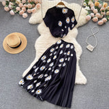 Vacation Beach 2pcs Set Women Floral Printed Short Sleeve Tops And High Waist Pleated Long Skirt Suit Spring