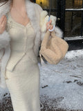 Fur Sweater Knitted Suits Women Slim 2022 Winter Elegant Vintage 2 Piece Dress Set Office Lady Y2k Clothing Korean
