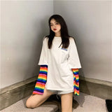 Rainbow Kawaii T Shirt Women 2020 New Spring Long Sleeve Harajuku Tees Casual Student Tops Stripe Oversized