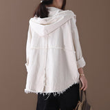 Korean Denim Jacket Female Hooded Long Sleeve Pockets Asymmetric Frayed Coat Women 2023 Casual Fashion