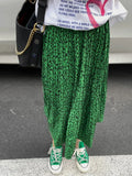 2022 Summer Print Pleated Skirt Women Fashion High Waist A-line Skirts Green Leopard Print Korean Streetwear Long