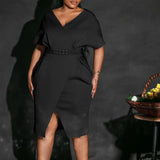 With Belt Women's New Fashion V-Neck Sexy Open Fork Dress Dress Dress