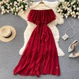 Sexy Slash Neck Chiffon Long Dress Women Red/Green/Purple Irregular Ruffle Short Sleeve High Waist Beach Vestidos Female