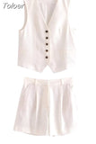 MODA 2023 Summer Women 2 Piece Sets Vintage Single Breasted V Neck Waistcoat Vest + Slim Zipper Fly Shorts Female Chic