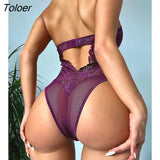 Summer Holiday Backless Halter Fishnet Cutout Crochet Lace Zip Front Teddy Sexy Beachwear Purple Women's Bodysuit