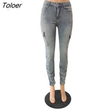 Hight Waist Skinny Pencil Pants Women Jeans Pocket Pleated Long Trousers Street Party Clubwear Denim Pants Autumn