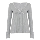 2025 New Solid Color Base High-Rise A Swing Thin V Collar Pure Lust Lace Splicing Long-Sleeved T-Shirt