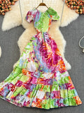 Bohemian Tie Dye Beach Long Dress Women Sexy Short Sleeve High Waist A-Line Big Swing Party Maxi Vestidos Female 2022 Summer