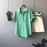 Basic Green Shirts for Women Summer Turn-down Collar Office Ladies Loose Short Sleeve Blouse Female Tops Blusas