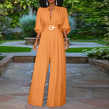 Elegant Long Jumpsuits Women 3/4 Sleeve Vintage High Waist Wide Leg Rompers Casual Pleated Party Overalls Loose Pants No