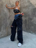 TWOTWINSTYLE Hole Hollow Out Overalls For Women Sleeveless High Waist Fake Two Piece Denim Wide Leg Pants Female Clothing