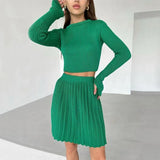 Suit With Skirt Women Solid 2022 Spring Mini Pleated Skirt And Long Sleeve Slim Crop Pullover Lady 2 Pieces Sets