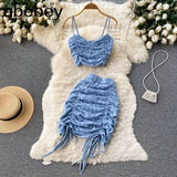 Korean Style Women Set Summer 2022 V Neck Backless Drawstring Sexy Strap Top+ Ladies Mini Skirt Bodycon Two Piece