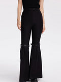 Fashion Women Pant High Waist Knee Strap Splited Medium Strecth Black Knit Floor-length Flare Pants Summer 2023 New
