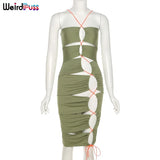 Puss Sexy Hollow Out Bodycon Drawstring Lace Up Skinny Stretchy Fashion Party Dress Sleeveless 2021 Summer Clubwear