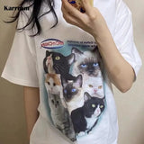 Korean Fashion Cat Print T-shirts Kawaii Kitten Y2k Aesthetics Tops Japanese Cute Short Sleeve Loose T-shirts