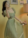 Retro Summer Dress Women's Puff Sleeve V-neck High Waist Sweet Ruffle Long Dress Green Korean Fashion