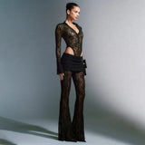 Toloer Sexy Lace Stitching Deep V Long Sleeve Top Slim See-Through High Waist Bell Bottoms Women's Suit-Outfit
