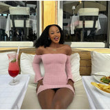 Pink Bodycon Knitted Off Shoulder Mini Dress-Outfit