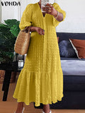Summer Shirt Dress Women Casual Half Sleeve V Neck Button Down Pleated Long Dresses VONDA Ladies 2022 Bohemian Vestidos