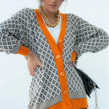 Free Shipping V-Neck Lantern Long Sleeve Cardigan Women Knitted Printed Oversized Sweater 2022 Fall New Single-Breasted