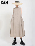 Women Khaki Split Pleated Long Dress New Stand Collar Sleeveless Loose Fit Fashion Tide Spring Summer 2023