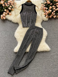 Summer Shiny Diamonds Decor Women Two Piece Set Black Stand Collar Sleeveless Short Tops + High Waist Pencil Pants Suit