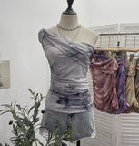 Yarn Printed Slanted Shoulder Sling Vest Retro Design Folding Temperament Short Blouse