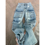 Multi-Pocket Workwear Jeans Women's Large Street Vibe High-Waist Broad Legs Casual Straight