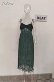 Fashion Women's Dress New Sleeveless Patchwork Contrast Color Lace Mid-calf Spaghetti Strap Dresses Summer 2023