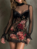 Sexy Lace Lace Sling Dress Flower Printed Net Yarn Ass Short