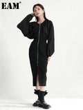 Women Black Zipper Slit Long Elegant Dress New Round Neck Long Sleeve Loose Fit Fashion Tide Spring Autumn 2023