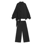 Wide Leg Pants Ruffles Big Size Two Piece Suit New Lapel Long Sleeve Black Loose Women Fashion Spring Autumn 2023
