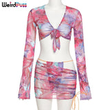 Puss Sexy Mesh Colorful Women 3 Piece Set Lace Up Top+Thong+Skirts Matching Summer Vacation Outfits Party Wedding