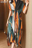 Colorblock Dresses For Women V Neck Short Sleeve High Waist Tunic Folds Printing Slim Dress Female Summer Clothes