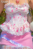 Floral Printed Kawaii Corset Women Ruffles Lace Corset White Aesthetic Halter Camis Fairycore Cute Bustiers Lolita